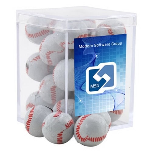 Chocolate Baseballs in a Clear Acrylic Square Box