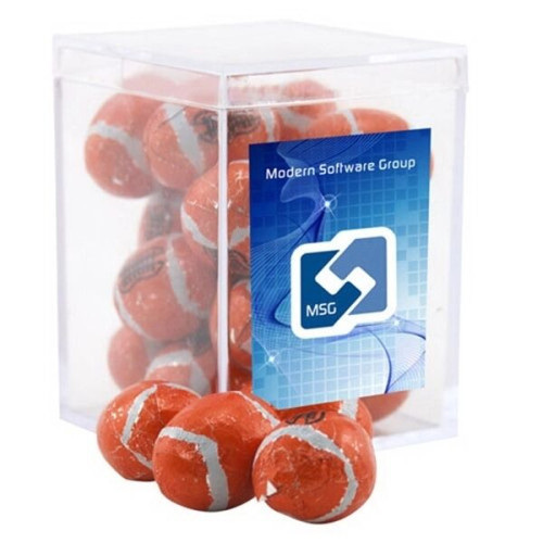Chocolate Footballs in a Clear Acrylic Square Box