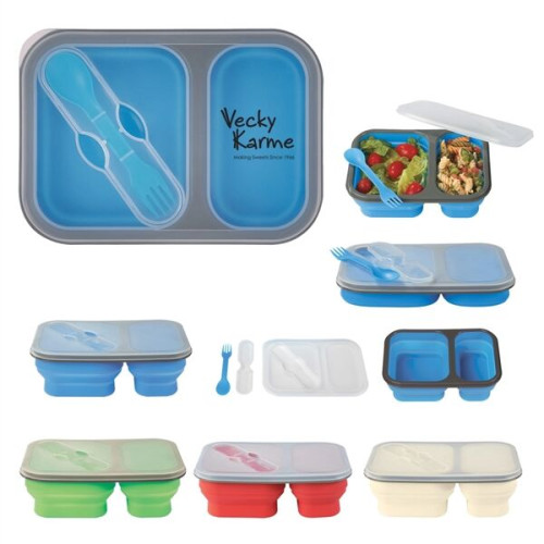 Collapsible 2-Section Food Container And Dual Utensil Wit...
