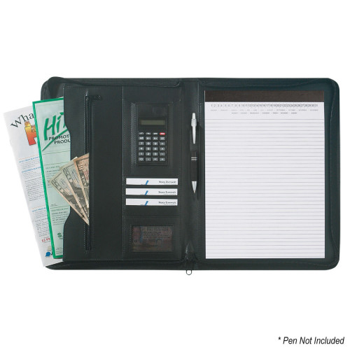 Leather Look 8 ½" x 11" Zippered Portfolio With Calculator