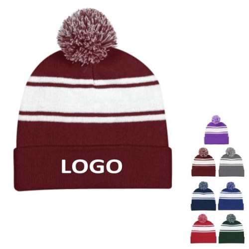 Two-Tone Knit Pom Beanie with Cuff
